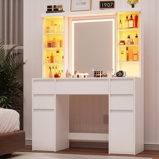 COWMOU Tall Vanity Desk with LED Mirror and RGB Lights Shelves, White Makeup Vanity with Power Outlet, Vanity Table with 5 Sliding Drawers & 2 Cabinets for for Bedroom and Dressing Room