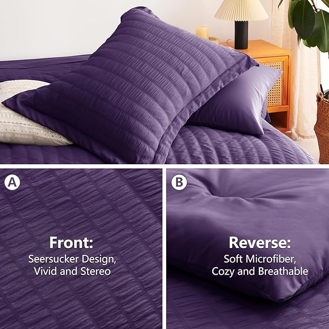 CozyLux King Size Comforter Set Purple Seersucker 7 Pieces Bed in a Bag King Comforter Set with Sheets, Luxury Soft Bedding Sets with Down Alternative Comforter, Sheets, Pillowcases & Shams All Season