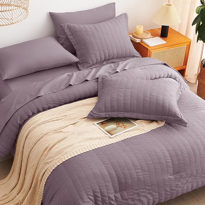 CozyLux Full Size Comforter Sets with Sheets 7 Pieces, Dusty Purple Seersucker Bed in a Bag Textured Luxury Soft Grayish Purple Bedding Set with Down Alternative Comforter, Sheets, Pillowcases & Shams