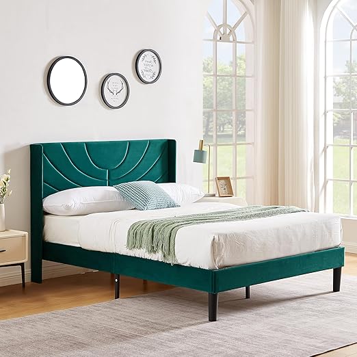 VECELO Full Bed Frame Upholstered Platform with Fabric Headboard,Wooden Slats Support/No Box Spring Needed/Mattress Foundation,Dark Green