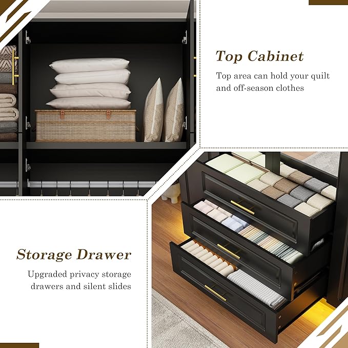 Hlivelood Large Armoire Wardrobe Closet Cabinet with Drawers and LED Lights, Multi-Tier Shelves, Hanging Rod, Large Capacity Storage 4 Door Wardrobe Armoire with Top Cabinet for Bedroom, Black