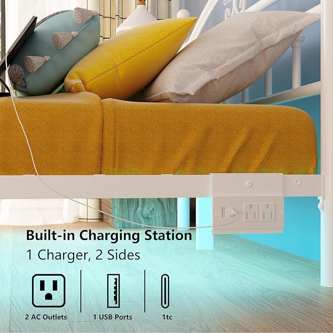 12 Inch Full Size Bed Frame with Charging Station,White Metal Platform Bed Frame with LED Lights,Heavy Duty Metal Steel Slats Support,No Box Spring Needed,Noise Free,Easy to Assemble
