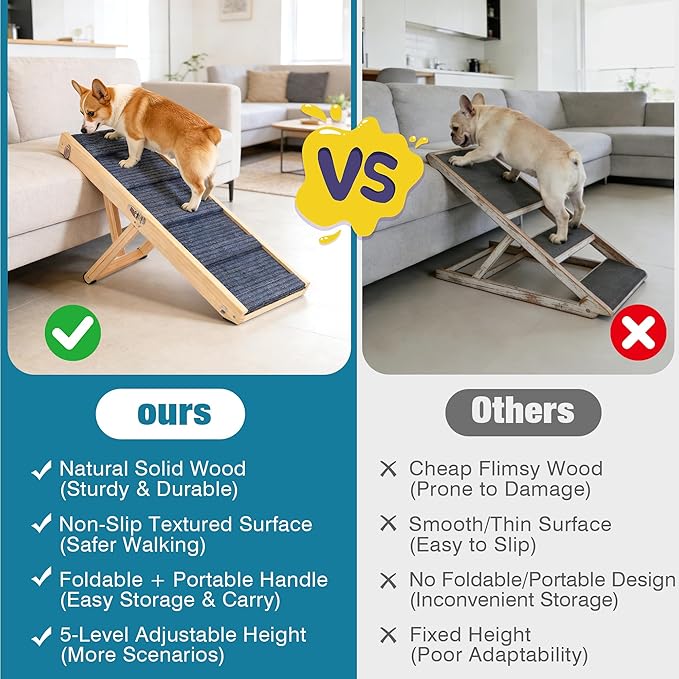 Dog Ramp for Bed, Adjustable Height 10" to 19.5" (5 Levels) Folding Ramp for Dogs to Get on Bed, Solid Wood Dog Ramps for Small Dogs Senior Dogs, Non-Slip Waterproof Easy Storage for Bed Couch
