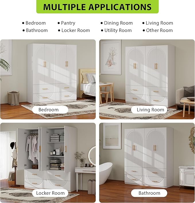 Wardrobe Armoire Closet with 4 Door Shelves 4 Drawers and Hanging Rod Wooden Storage Cabinet for Bedroom White Tall Armoire Wardrobe