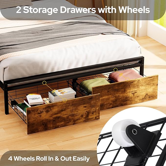 Zevemomo Full Bed Frame with Drawers, Bed Frame Full with LED Lights, Charging Station with 3 USB Ports & 1 Type-C Port, Full Platform Bed Frame with Headboard, No Noise, Rustic Brown