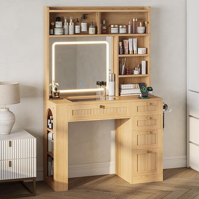 IRONCK Makeup Vanity with LED Lighted Mirror, 3-Color Dimmable Dresser with Mirror with Glass Top Drawers & Charging Station & Hair Dryer Holder, 63" H Dressing Table with 4 Drawers & Open Shelves