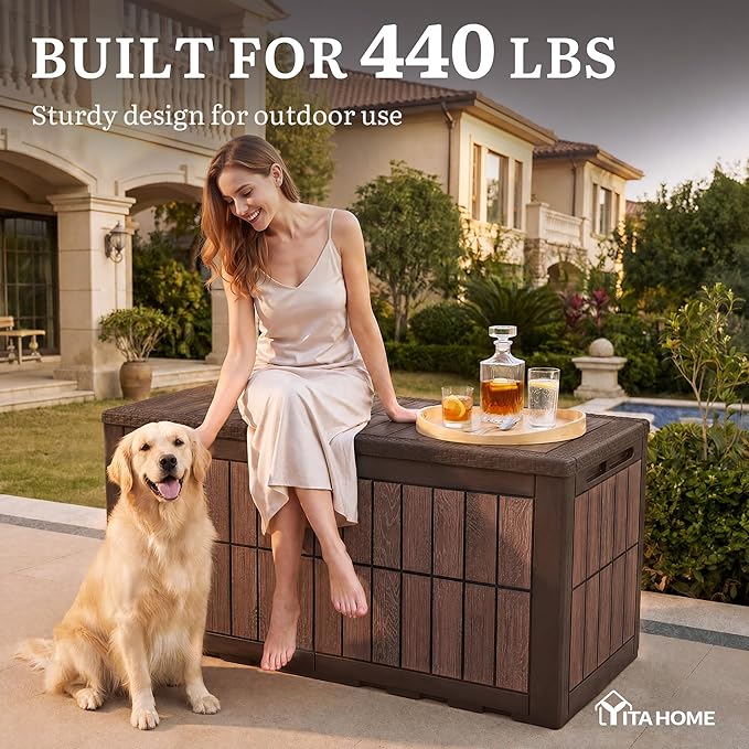 YITAHOME 134 Gallon Large Deck Box, Waterproof Resin Outdoor Storage Box with Lock, Doubles as Bench Seating for Patio Furniture Cushion, Garden Tools &Pool Accessories, Dark Brown & Wood-Grain Brown