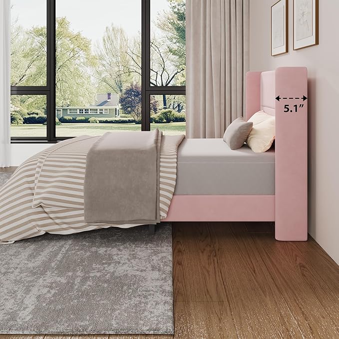 Garvee Twin Size Bed Frame with Wingback Headboard, Velvet Upholstered Platform Bedframe with Wood Slats, No Box Spring Needed, Easy Assembly, Pink
