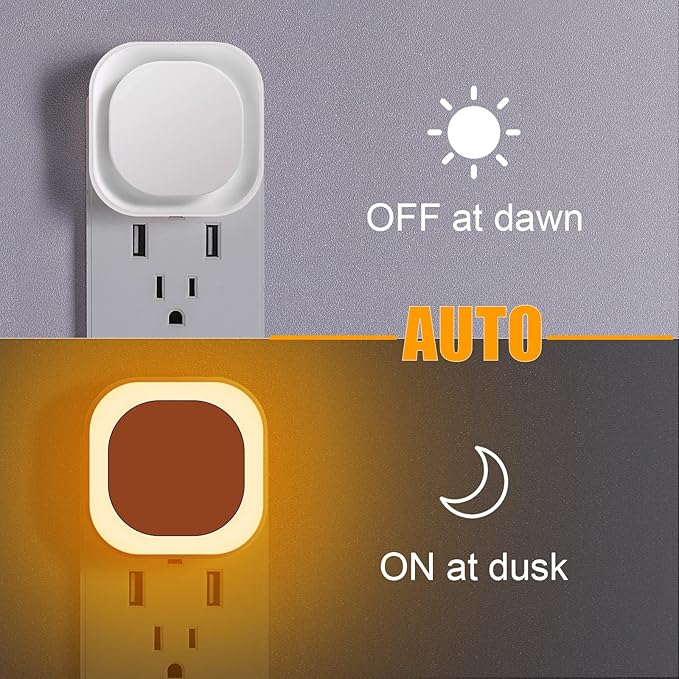 YUNLEX 2 Pack Amber Night Light, Dusk to Dawn Sensor, Warm Glare-Free Reflected Glow, 3-Level Dimmer, Auto On/Off, Plug-in LED Nightlight for Bedroom, Kids, Bathroom, Sleep, Baby Nursery, Toddler