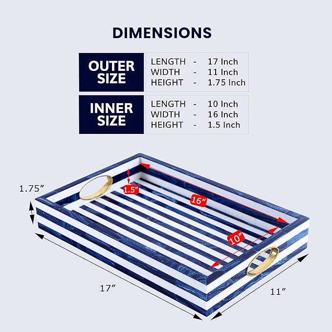 Handicrafts Home Blue White Striped Decorative Tray, Optique Madrid Collection, Rectangular Serving Tray with Handles, Modern Coffee Table Ottoman Tray, Resin Brass Inlay Handmade Hostess Tray 17x11