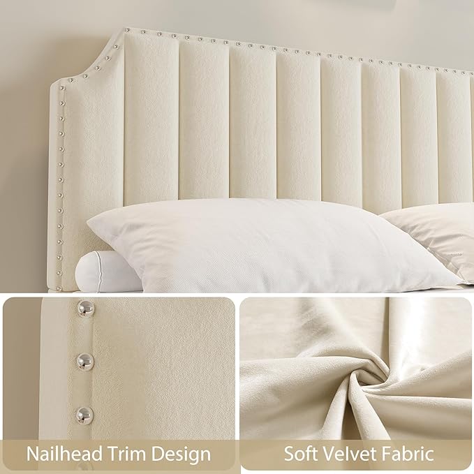 GarveeHome Queen Size Velvet Bed Frame, 50.2 in Tall Headboard & Footboard, Upholstered Platform Queen Bed Frame with Nailhead Trim, No Box Spring Needed, Noise Free, Solid Wooden Slats, Beige