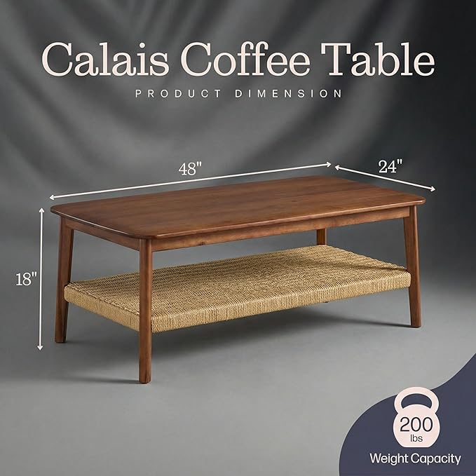 Alaterre Furniture Calais 48 Inch Rectangular Solid Wood Coffee Table with Woven Storage Shelf – Mid Century Modern 2-Tier Living Room Table (Chestnut)