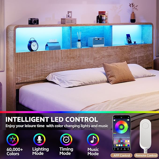 King Headboard Only, 78.7" Wide Wooden Headboard King Size with Storage, Modern Farmhouse Head Board with Outlets & USB Ports, Wall Mounted Headboards with Color-Changing LED, Natural