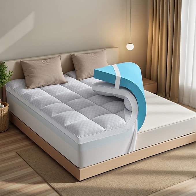 Dual Layer Memory Foam Mattress Topper for Pain Relief with 2X Support, 2" Fluffy Pillow Top King Mattress Topper Plus 2" Odor-Free Cooling Gel Memory Foam Ultra Comfort Mattress Pad Cover