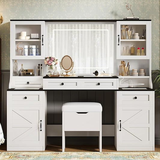 Farmhouse Vanity Desk with Mirror, 61.5" Makeup Vanity Table Set with Glass Visual Desktop and Cushion Stool, Dressing Table with 5 Drawers and 4 Cabinets for Bedroom