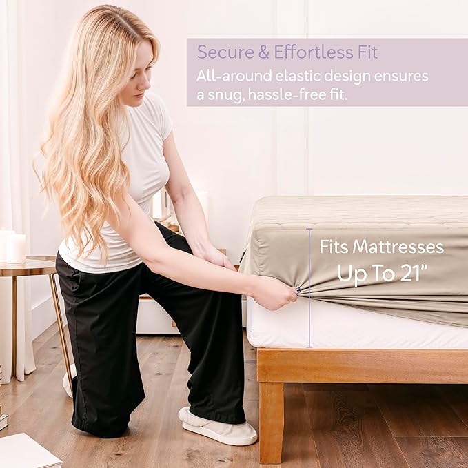 Hearth & Harbor Twin XL Size Quilted Fitted Mattress Pad Cover, 100% Waterproof Mattress Protectors, College Dorm Room Essentials, Deep Pocket Fitted Mattress Cover 8" - 21", Beige Cream