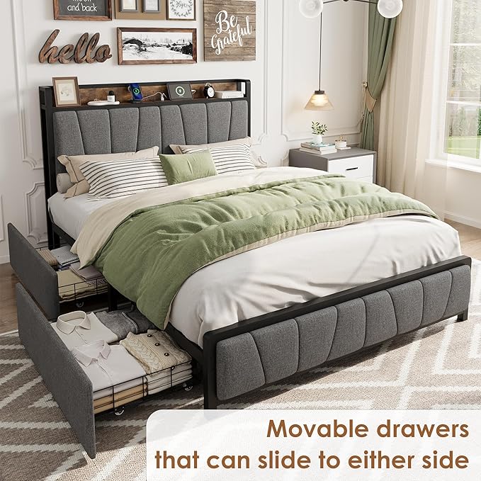 GAOMON Full Size Bed Frame with Storage Headboard and 2 Drawers, Linen Upholstered Platform Bed Frame with Charging Station, Heavy Duty, No Box Spring Needed, Easy Assembly, Noise Free, Grey&Brown