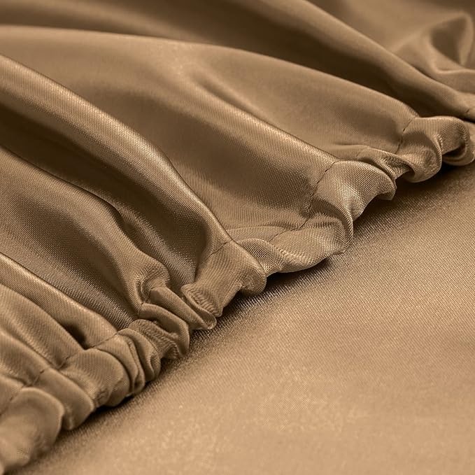 Homiest 4pcs Satin Sheets Set Luxury Silky Satin Bedding Set with Deep Pocket, 1 Fitted Sheet + 1 Flat Sheet + 2 Pillowcases (Full Size, Camel Brown)