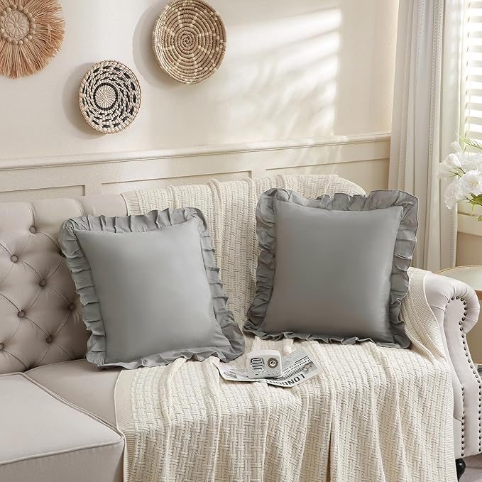 Merryword Light Gray Pillowcases 18x18 Throw Pillow Covers Pack of 2 Soft Microfiber Ruffle Decorative Pillowcase Cushion for Couch Sofa Bedroom