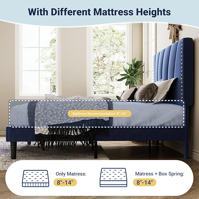 Allewie Full Size Bed Frame with Adjustable Velvet Upholstered Headboard, Rivet-Style Nailhead Trim Detail Platform Bed Frame, Wooden Slat Support, No Box Spring Needed, Easy Assembly, Blue
