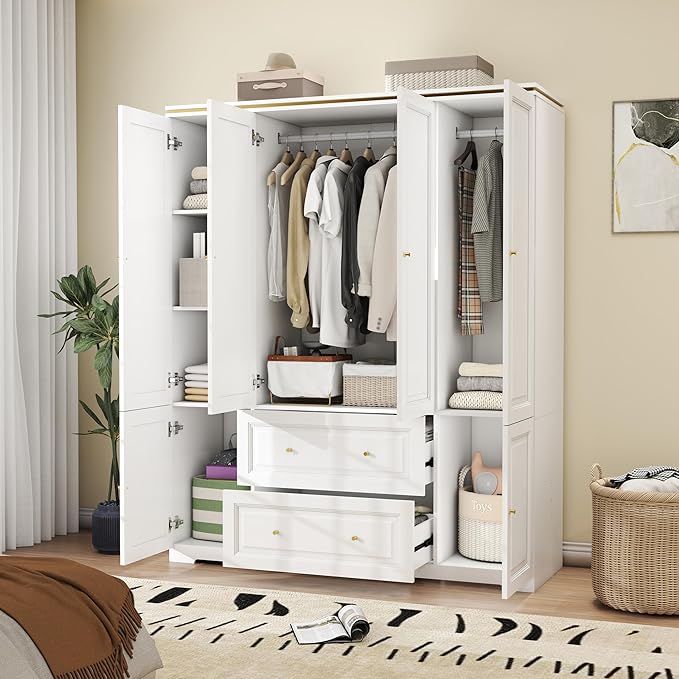 White Wardrobe with 2 Drawers: 74" Large Wardrobe Closet for Hanging Clothes, Tall Armoire Closet with 4 Doors, Bedroom Armoires with Hanging Rod (59")