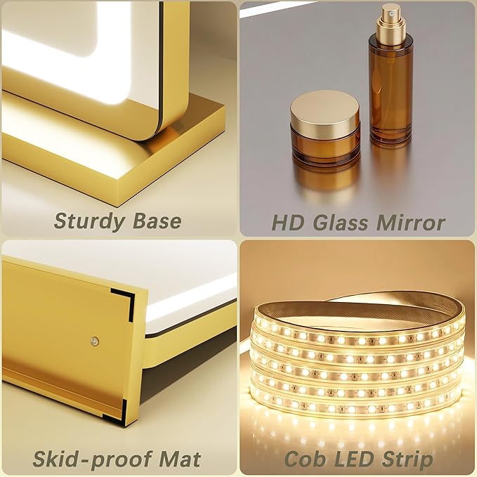 ROLOVE 23"x18" Gold Vanity Mirror with Lights, Large Lighted Makeup Mirror with 10X Magnifier, 3 Color Lighting & Stepless Dimming, Wall Mounted or Tabletop Desk Mirror for Bedroom