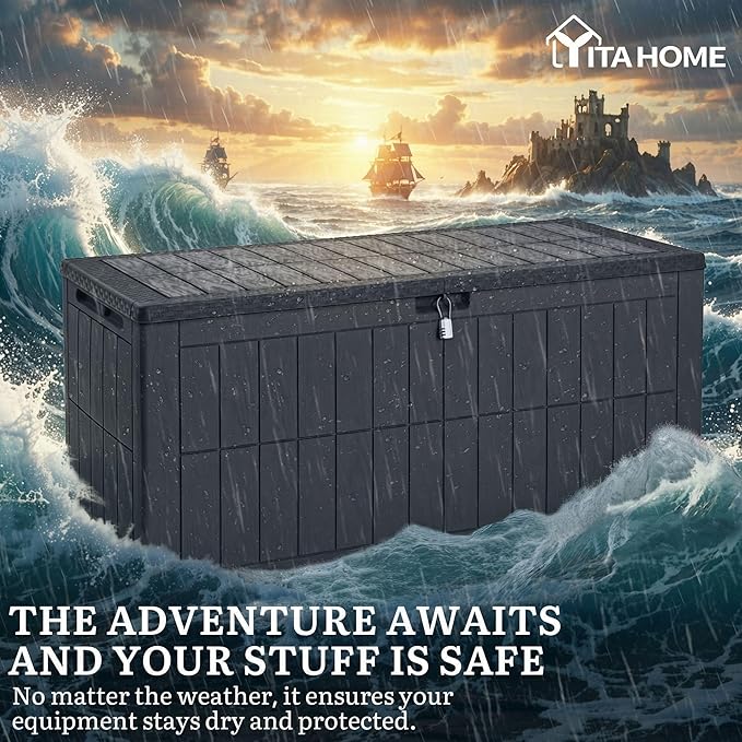 YITAHOME 134 Gallon Large Outdoor Storage Box with Lock, Waterproof Deck Box with Hydraulic Piston for Garden Tools, Pool Accessories & Cushions, Resin Deck Organizer with Bench Seat(Dark Gray)