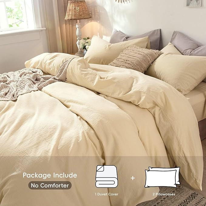 MooMee Bedding Duvet Cover Set 100% Washed Cotton Linen Like Textured Breathable Durable Soft Comfy (Heathered Light Yellow, King 104"x90")