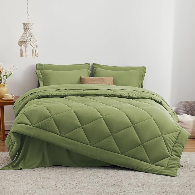Love's cabin Twin XL Comforter Set Olive Green, 5 Pieces Twin XL Bed in a Bag, All Season Bedding Sets with 1 Comforter, 1 Flat Sheet, 1 Fitted Sheet, 1 Pillowcase and 1 Pillow Sham | Soft, Breathable, Lightweight, Comfortable