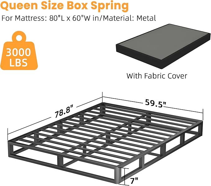 VIPSHOW 7 Inch Queen Metal Box Spring with Round Corners - 3000 lbs Capacity, High Profile Heavy Duty Mattress Foundation with Steel Slats, Noise-Free, Easy Assemble, Black