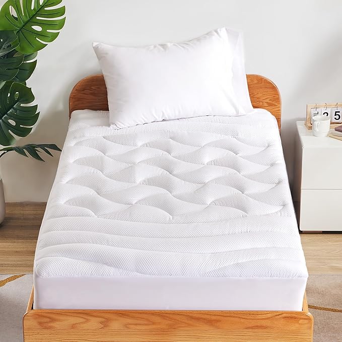 SLEEP ZONE Cooling Twin Mattress Topper for Single Bed, Premium Zoned Cool Mattress Pad Cover, Padded Mattress Protector Breathable Washable, Deep Pocket 8-21" (White, Twin)