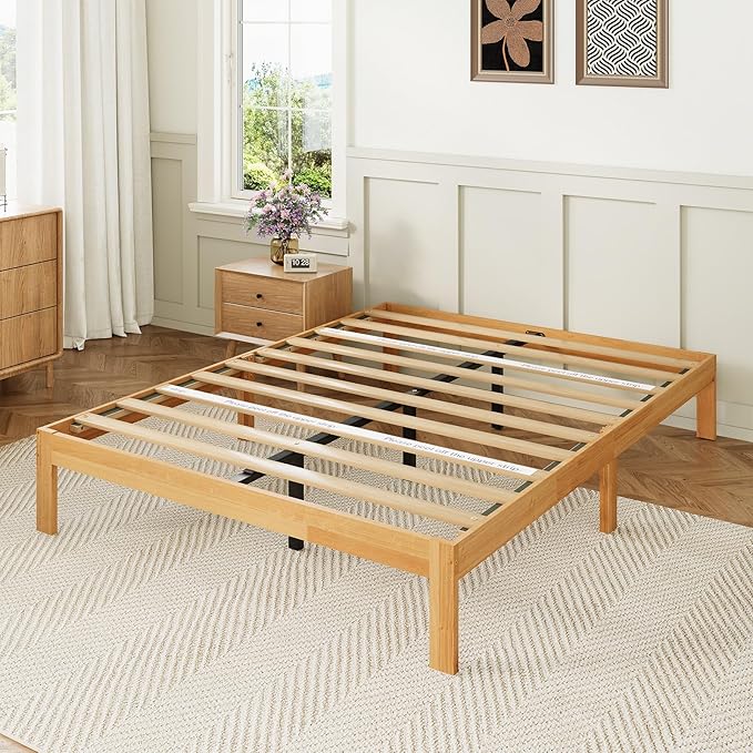 Novilla 12 Inch Full Size Bed Frame, Wooden Platform Bed Frame Full Size, Full Bed Frame Without Headboard, Sturdy Wood Slat Support, No Box Spring Needed, Easy Assembly, Natural Grain Wood