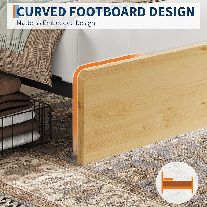 Garvee Full Size Rattan Bed Frame with 4 Drawers, Bohemian Full Rattan Bed Frame with Natural Headboard, Platform Full Size Bed with Wooden Legs, LED Lights, No Box Spring Needed