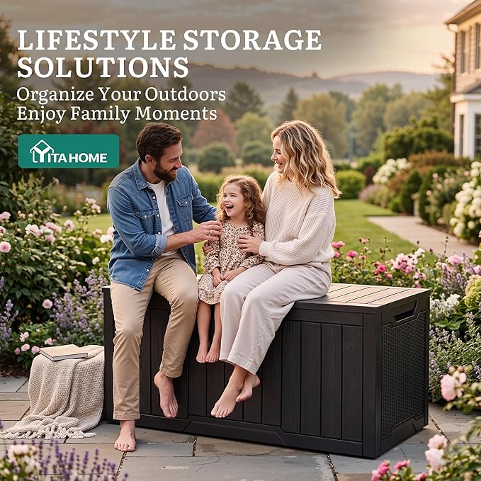 YITAHOME 100 Gallon Large Outdoor Deck Box, Waterproof Resin Storage Box, Lockable Indoor Outdoor Storage Container for Patio Furniture Cushions, Pool Accessories, Garden Tools, Black