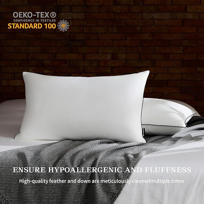 Feather Down Pillow Standard Size Set of 2 Pack,100% Cotton Luxury Hotel Collection Bed Pillows for Sleeping, Fluffy Soft Medium Firm Down Surround Pillows for Side Back Stomach Sleepers 20" x 26"