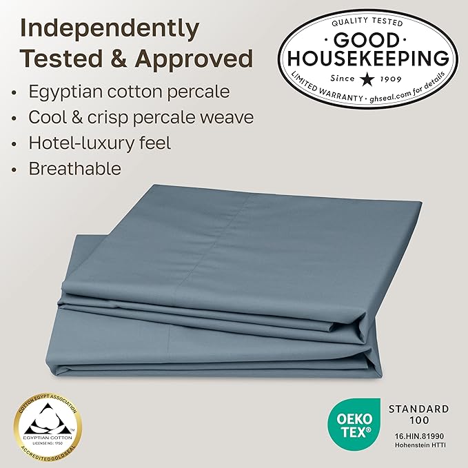 California Design Den Pillowcases Queen Size Set of 2-100% Egyptian Cotton, Crisp Percale Feel, Soft & Breathable, Fits Both Standard & Queen Pillows - Slate Blue
