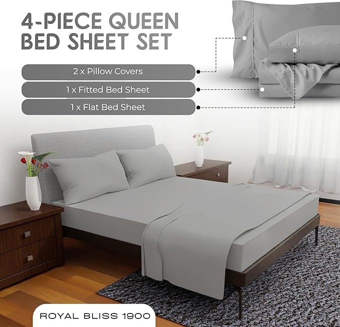Queen Sheet Set - 4 Piece Bedding - Double Brushed Sheets Deep Pocket, Cooling Queen Sheets (Queen, Silver)