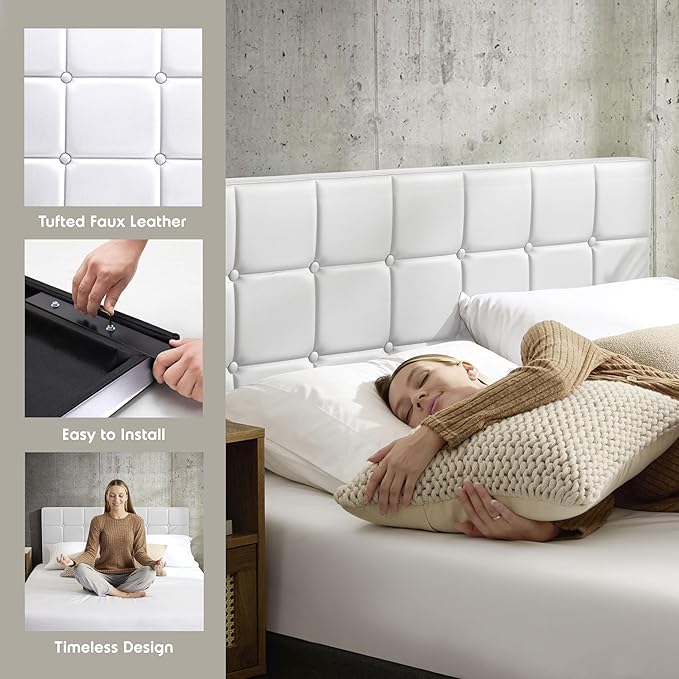 Hearth & Harbor Modern Full-Size Button Tufted Upholstered Headboard - White, Adjustable Height 34'-42', Bed Frame Mount
