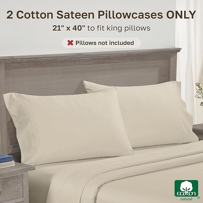 California Design Deinking Size Pillow Cases Set of 2-600 Thread Count Sateen, 100% Cotton Pillowcases King Size, Soft and Breathable - Beige