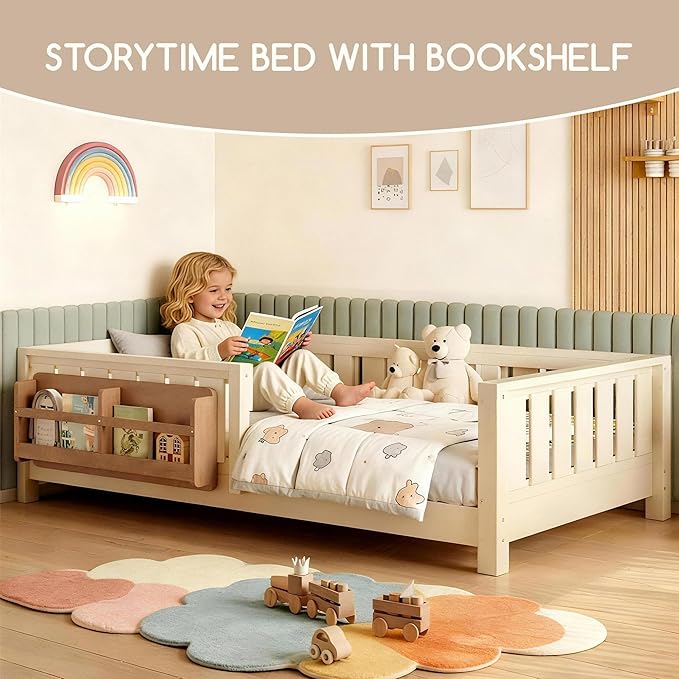 Bellemave Twin Floor Bed Frame with Fence & Bookshelf, Solid Pine Wood Twin Montessori Floor Bed with Slats Load 300LBS, Low Profile Floor Bed for Kids, Bedroom, Nursery, Easy Assembly, Beige