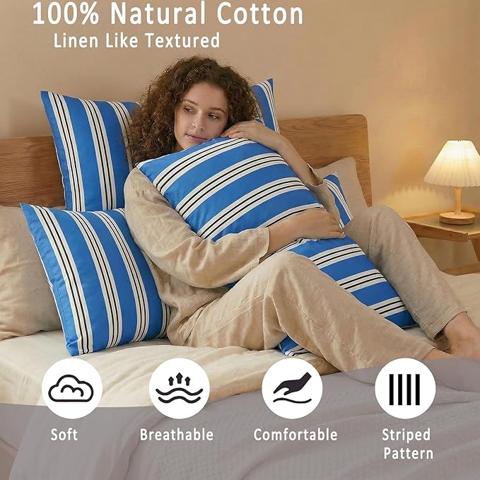 Merryword King Size Pillowcases, 100% Cotton Pillow Cases, Blue Striped Pillowcases, Soft Breathable Ribbon Stripe Pillow Covers, Set of 2