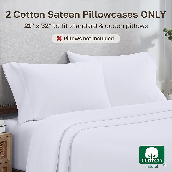 Heirloom Soft, Smooth & Thick Certified 800 Thread Count 100% Cotton Sateen, 2 White Standard Pillowcases Fits Standard & Queen Size Pillows (Bright White)