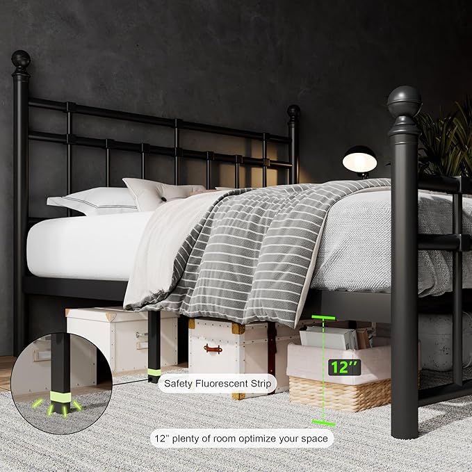 Feonase Queen Metal Platform Bed Frame with Victorian Classic Iron-Art Headboard & Footboard, Steel Slats Support, 12" Under Bed Storage, No Box Spring Needed, Noise-Free, Black