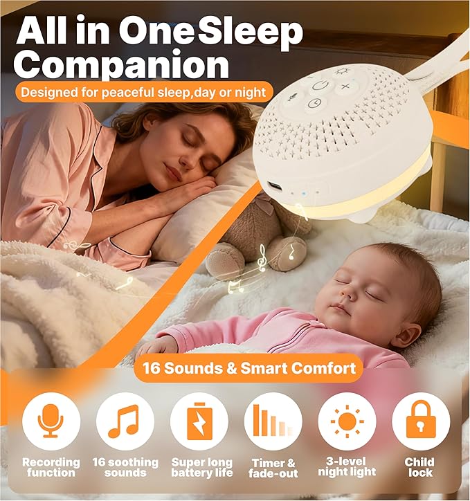 White Noise Machine with 16 Soothing Sounds and Voice Recording， Portable Sleep Sound Therapy with 3 Night Lights， Rechargeable Timer for Baby Adults Travel