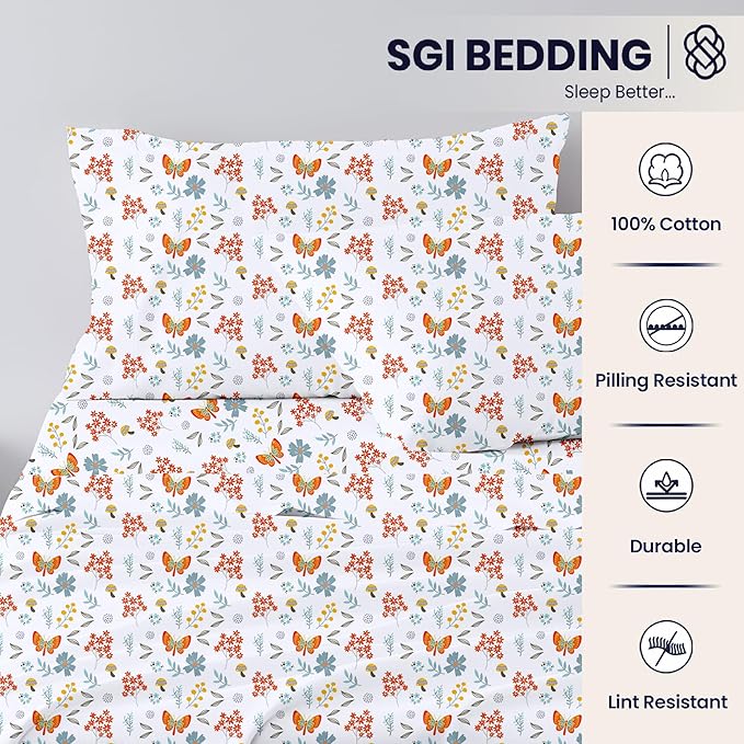 SGI Split King Sheet Set for Adjustable Bed Egyptian Premium Cotton 600 Thread Count Sheets for Sleep Number Bed 15" Deep Pocket 5 Pc Set with 2 Twin XL Fitted Sheets Soft Breathable -Butterfly Garden