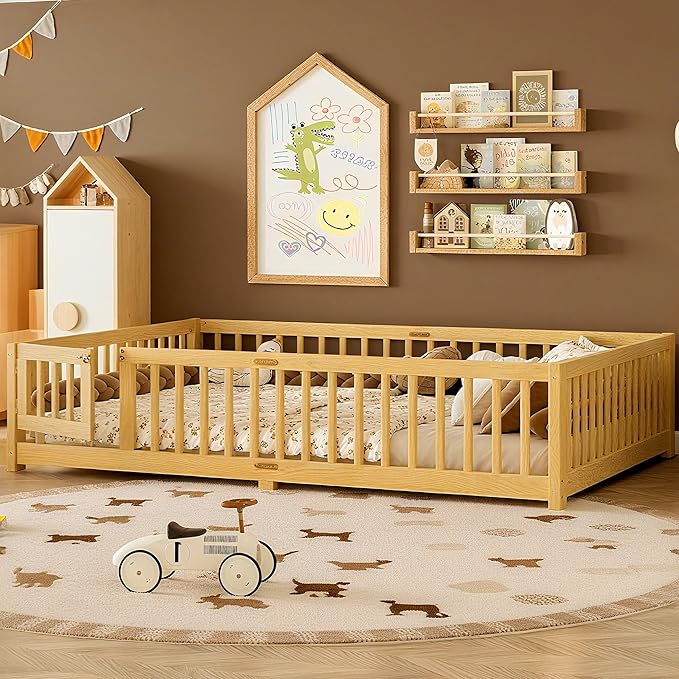 Bellemave Queen Floor Bed Frame with Rails and Door, Solid Wood Montessori Queen Size Floor Bed for Kids, Low Profile Montessori Beds with Removable Slats, Natural