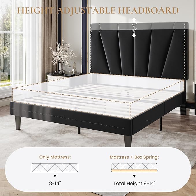 SHA CERLIN Queen Size Bed Frame with Adjustable Upholstered Velvet Rivets Headboard, Sturdy Wooden Slats, Strong Platform Support for Mattress, No Box Spring Needed, Easy Assembly, Black