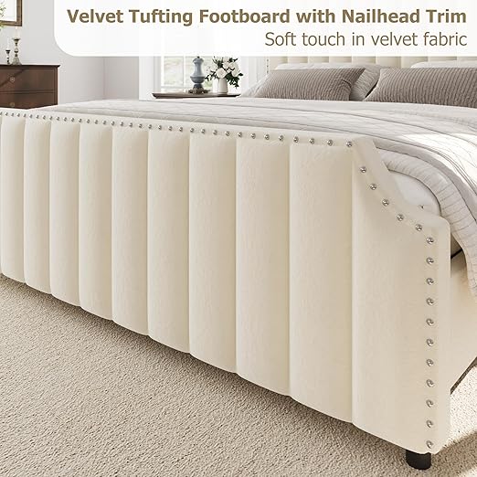 GarveeHome King Size Platform Bed Frame with 50.2 in Headboard, Velvet Upholstered Bed Frame with Vertical Channel Tufted Headboard & Footboard, Nailhead Trim, No Box Spring Needed, Cream