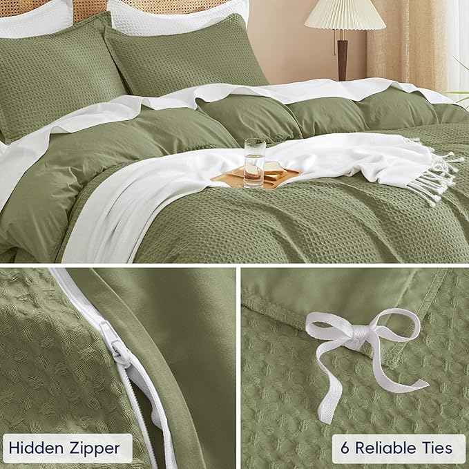 PHF Waffle Duvet Cover Set California King, No Snagging Ultra Soft Luxury Textured Breathable Comforter Cover for All Season 3pcs, Durable Bedding Duvet Set with 2 Pillow Shams, 104"x98", Olive Green