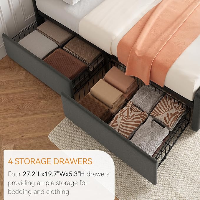 IDEALHOUSE Full Size Bed Frame with 4 Storage Drawers and Headboard, Linen Upholstered Platform Bed Frame with Wooden Slats Support, Button Tufted Design, No Box Spring Needed, Light Grey